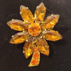 Vintage Flower Brooch Amber Color Stones